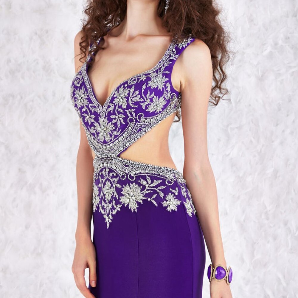 ANGELA & ALISON sz 0 Purple Jersey Long FORMAL PROM PAGEANT DRESS 61083 NEW $600